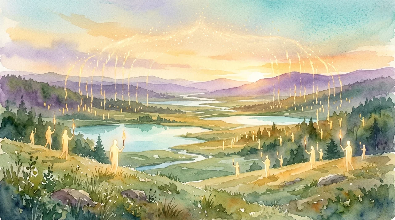 Glowing golden human figures holding torches, spread across a calm planet bathed in soft light
