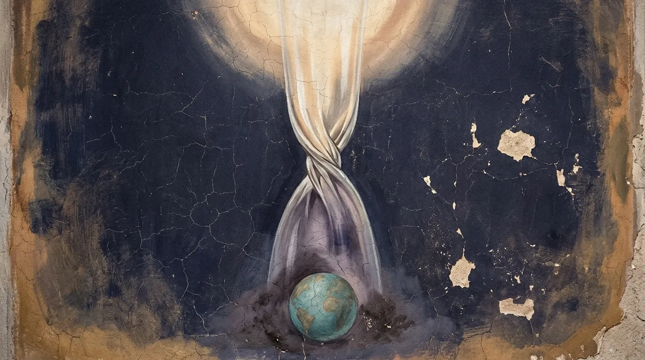 A long translucent tube rising from Earth toward a distant light, twisted partway up, so that the light on the Earth side appears upside down