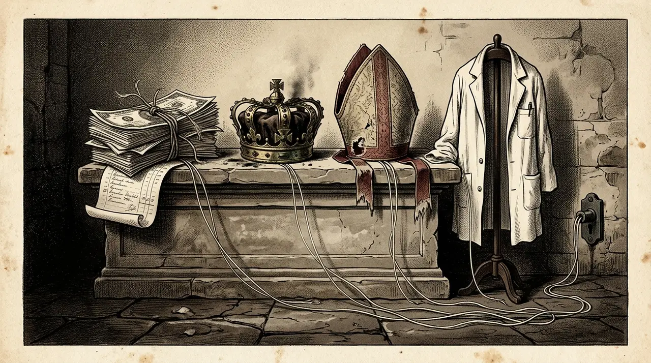 An altar lined with banknotes, a crown, a clergyman's pointed hat, and a white coat, each trailing a thin cable of light that converges into a single wall socket