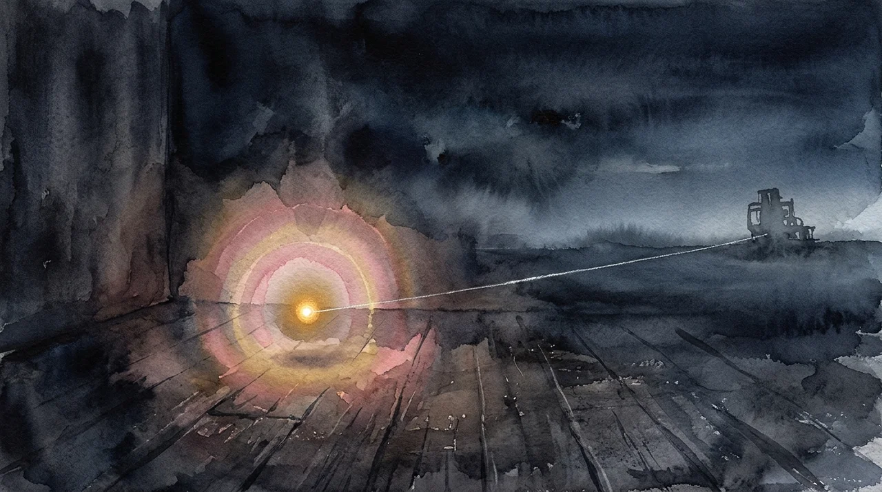Soft rings of light spreading like invisible radio waves from a small warm light in a dark room, while one silver thread from it runs off to the shadow of a distant machine
