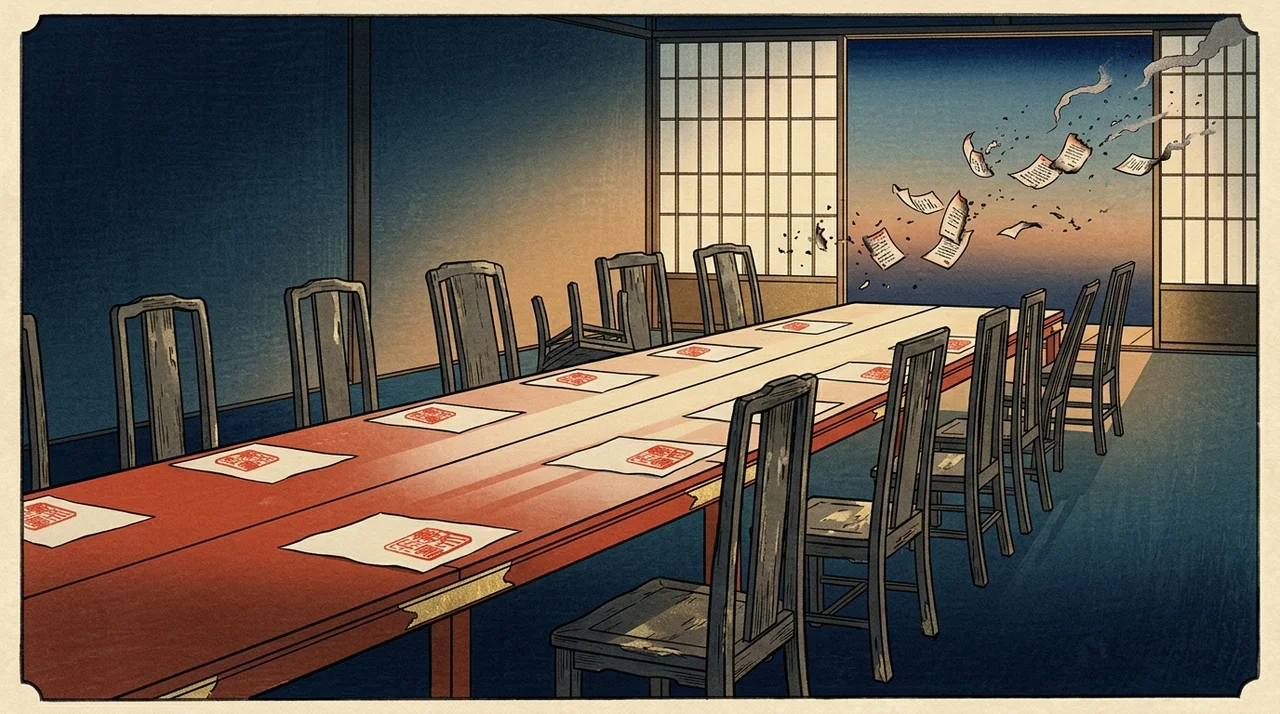 A long meeting room with a row of empty high-backed chairs, each evaluation sheet on the table stamped as failed, and bond certificates drifting as ash past the window