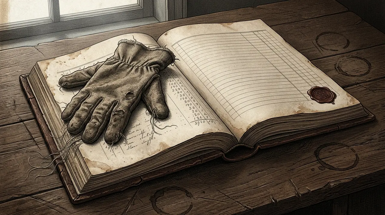 An old ledger tilted like a scale, with a pair of worn work gloves on one pan dissolving into short columns of figures