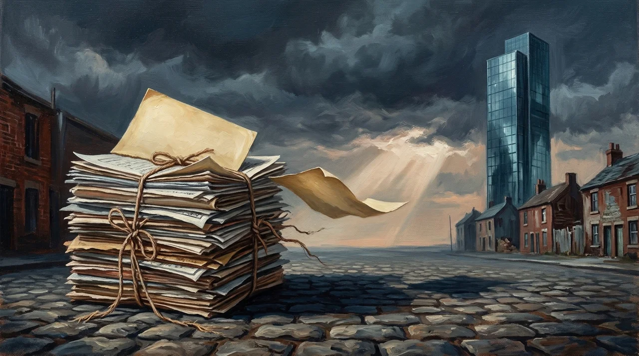 A stack of one hundred house documents bound together, a single bond certificate laid on top, and from it a house deed drifting toward a distant glass tower