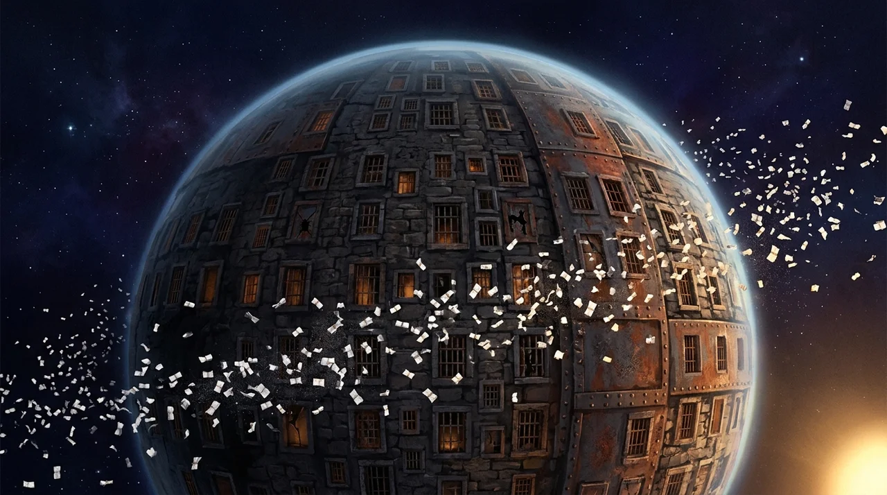 The Earth floating in space as a vast cell with barred windows, bundles of paper notes pushed out between the bars