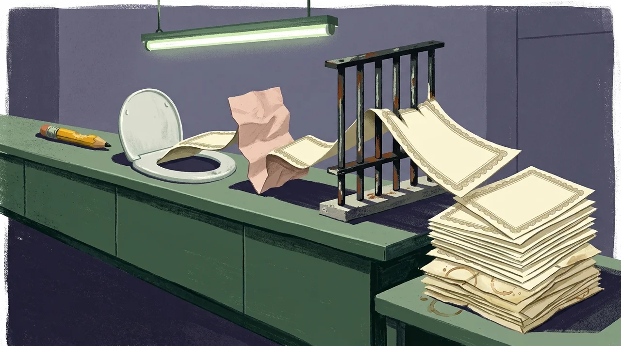 A pencil, a toilet seat, a traffic ticket, and a set of prison bars each turning into identical bond certificates stacked into one pile